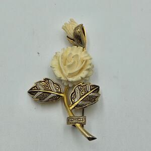 Vintage Spain Carved Bone Rose Floral‎ Brooch Gold Tone Leaf Stem